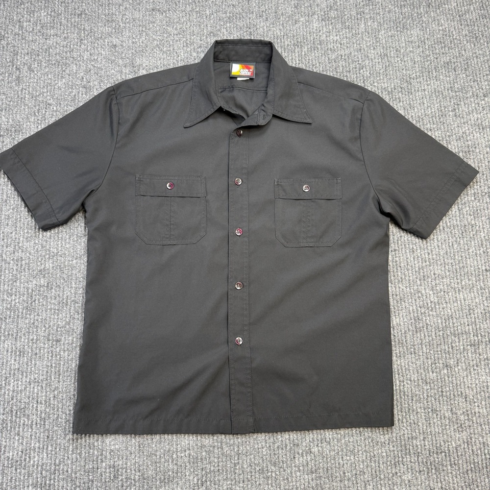VTG Kikwear Shirt Mens Large/XL Black Nylon Button Up Rave Party Skate 90s Y2K‎